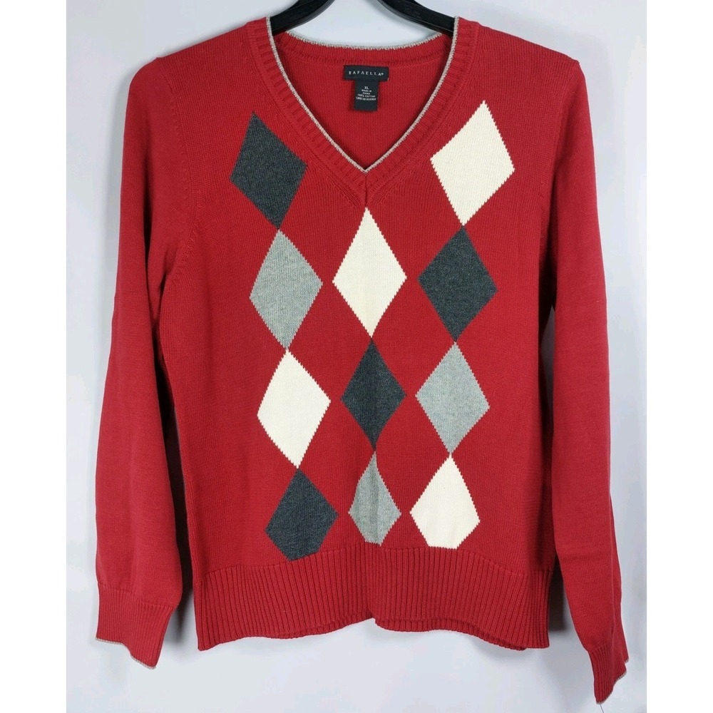 Rafaella Womens Argyle Sweater Size XL Dk Red Gray V-Neck Cotton New‎ Old Stock